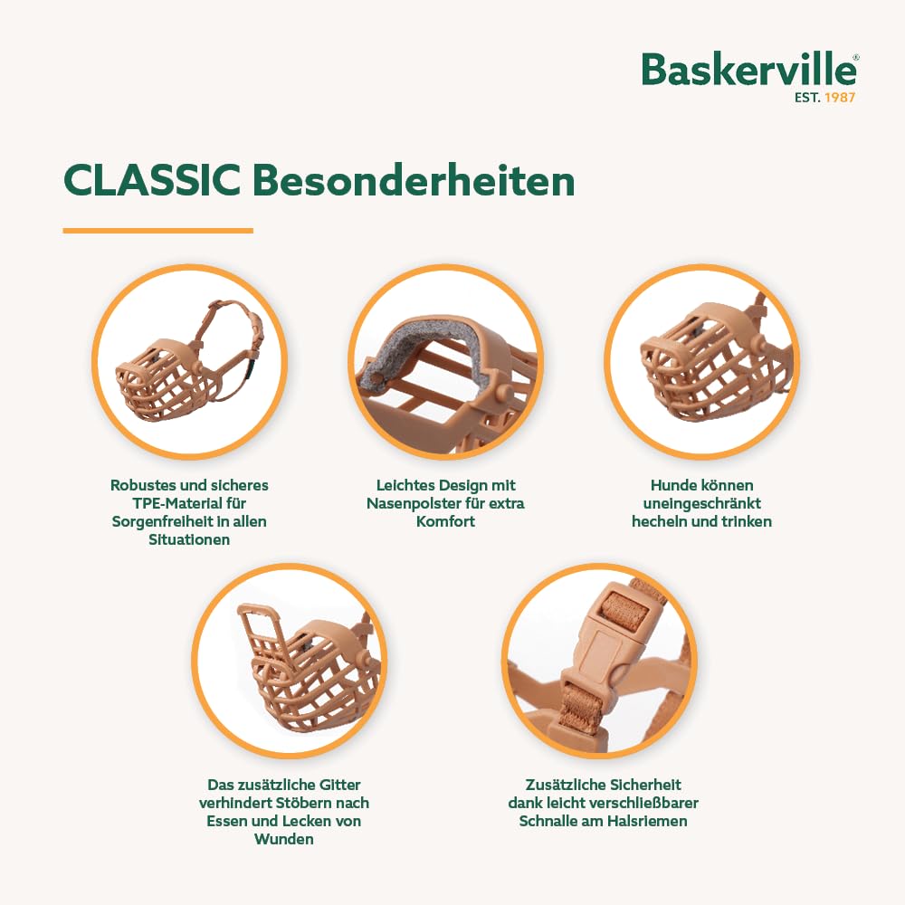 Baskerville Classic Maulkorb - Gestattet Hecheln und Trinken, verhindert Beißen und Stöbern nach Essen, passend für Hunde mit langen Nasen, Trainingsmaulkorb für mittelgroße Hunde (Größe 4)