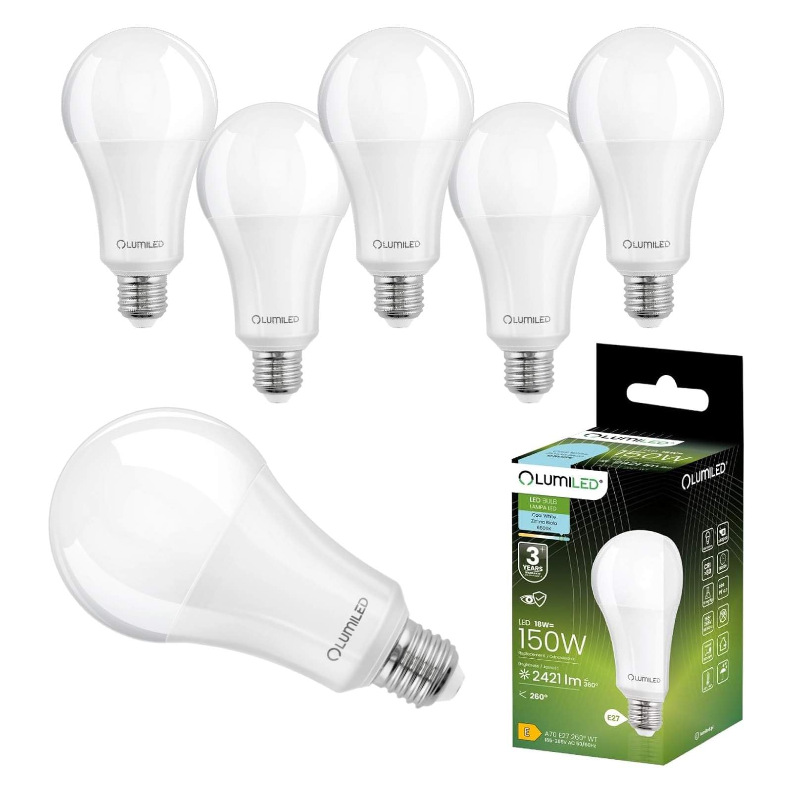 Lumiled A70 E27 LED Lampe, 18W (ersetzt 150W), 2424 Lumen Leuchtmittel, 6500K kaltweiß Birnen Lampen, Nicht Dimmbar, 260° Grad Strahlwinkel Glühbirne 6er-Pack Energiesparlampe Tropfen