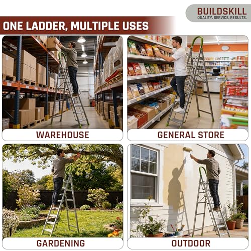 Image of BUILDSKILL Aluminium Ladder for Home 8 Steps | 37x16cm Wide Anti-Slip Aluminium Steps | Stainless Steel Body | Handrails | Load 150 Kg | Foldable Lightweight 9.85KG Ladder for Kitchen, Office & Home