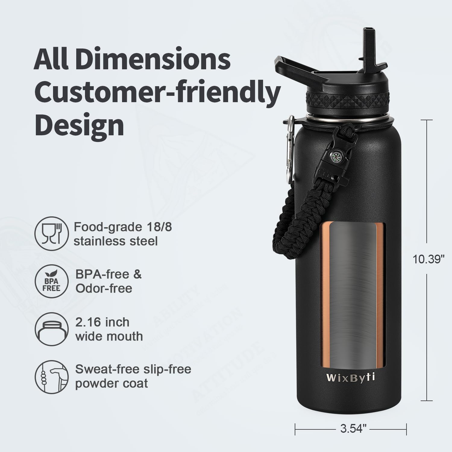 40 oz Insulated Water Bottle with Straw (Cold for 48 Hrs), Stainless Steel Triple Wall Vacuum Sports Water Jug, Leakproof Hydro Cup Flask with Paracord Handle & Straw Spout Lids & DIY Stickers - Image 6