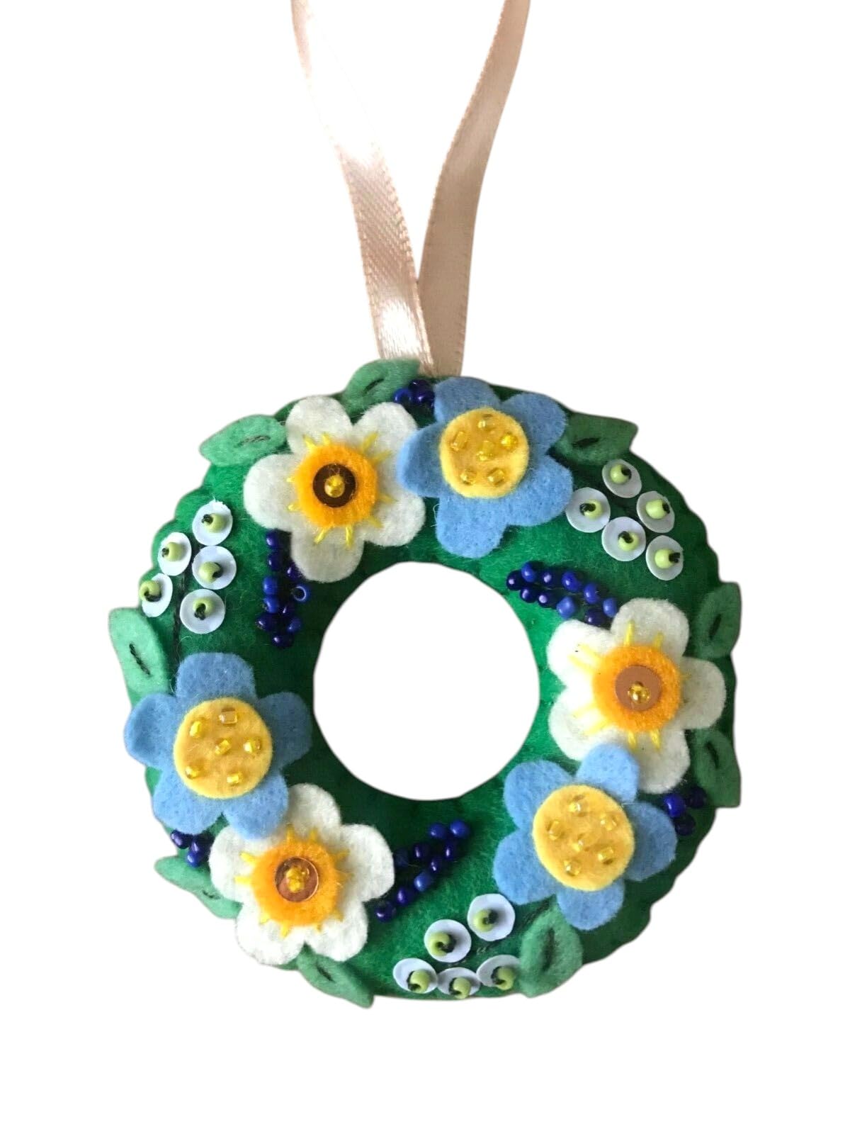 Handmade felt Easter decorations hanging ornaments bunny, chicken, egg (blue flowers wreath) — image 1