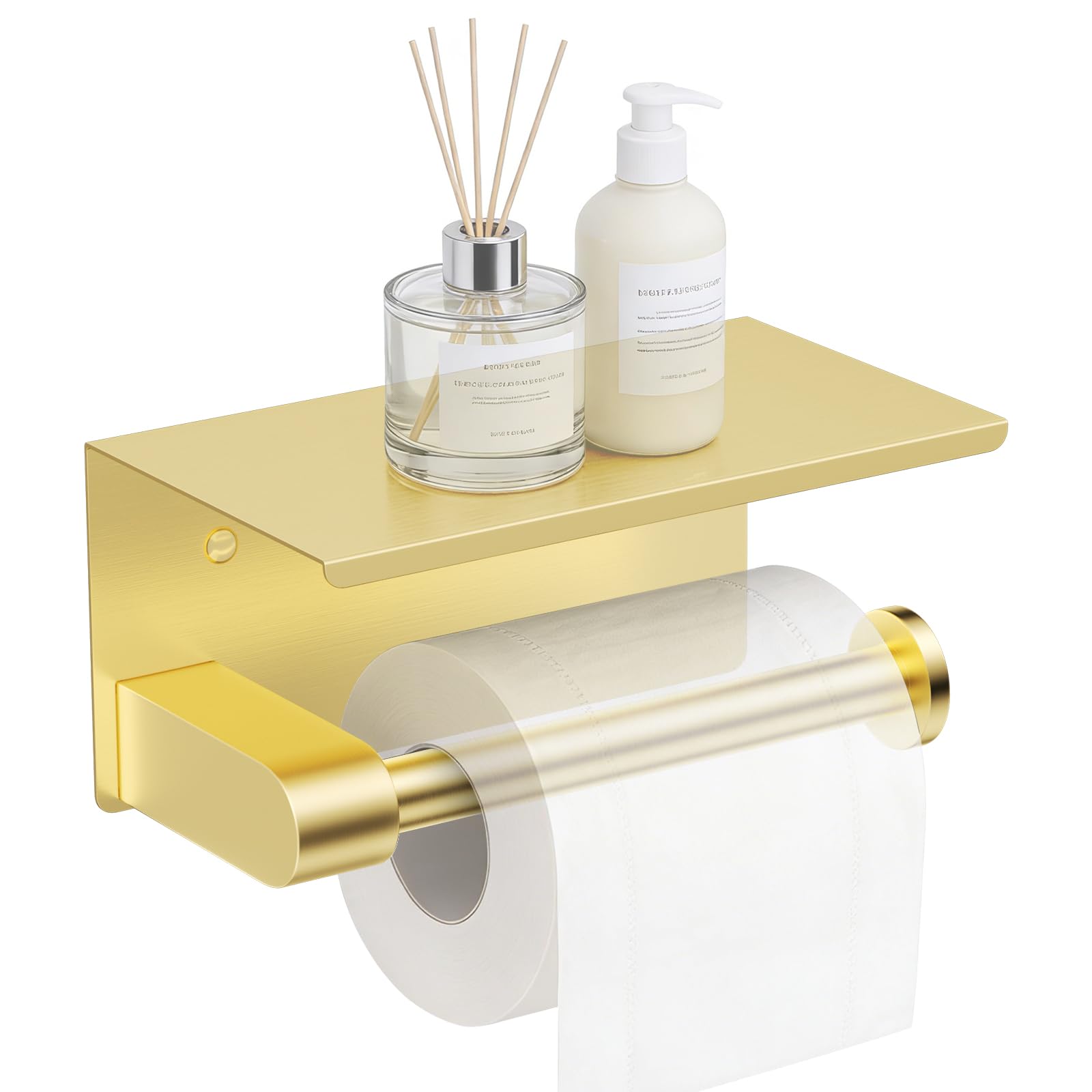 YACVCL Brushed Gold Bathroom Toilet Paper Holder with Phone Shelf, Toilet Roll Holder Square Wall Mounted, SUS 304 Stainless Steel Modern Tissue Roll Holders for Bathroom Kitchen Washroom