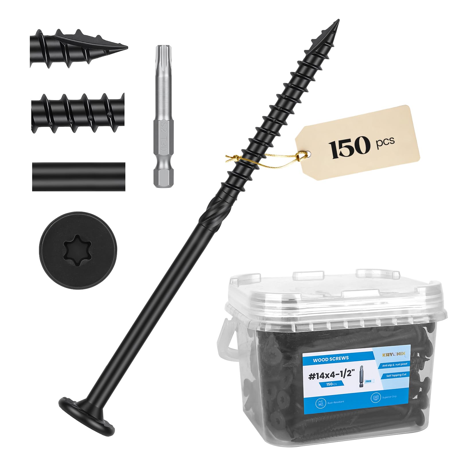 Kryonix 10,4 cm (4 1/2 Zoll), 150 Stück, robuste Holzschrauben für den Außenbereich, Sortiment, Befestigungs-Set, 150 Stück, Sternantrieb, rostbeständige Holzschrauben für Holz/Holzscheite
