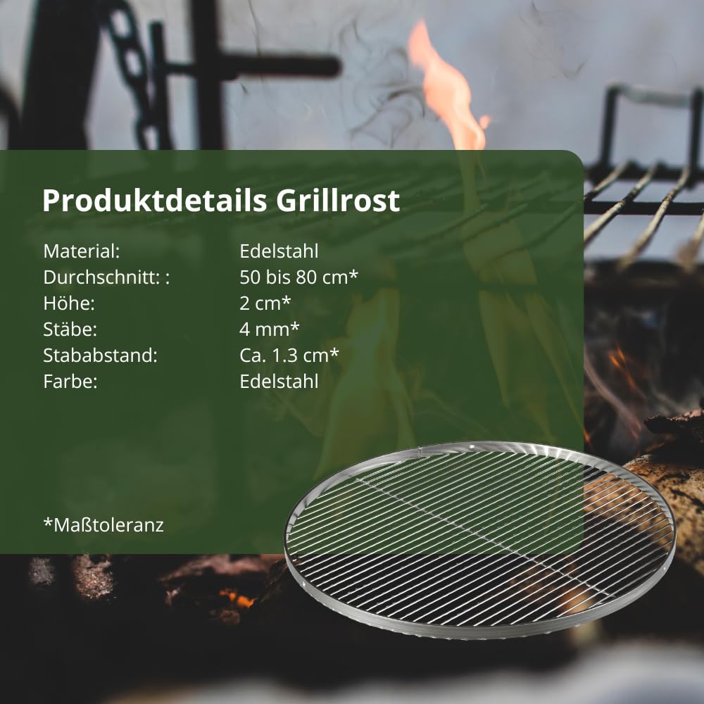 HeRo24 Dreibein Schwenkgrill T-180 stufenlos höhenverstellbar inkl. 80 cm Edelstahl Grillrost mit 2 cm Rand 4 mm Stäbe, Stababstand 13 mm 2 Mittelstäbe für Feuerstelle & Camping