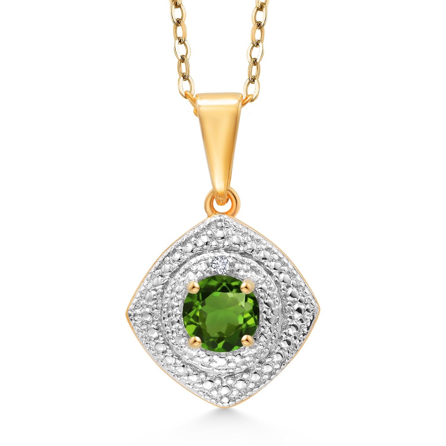 Gem Stone King0.51 Ct Green Chrome Diopside White Diamond 18K Yellow Gold Plated Silver Pendant with Chain