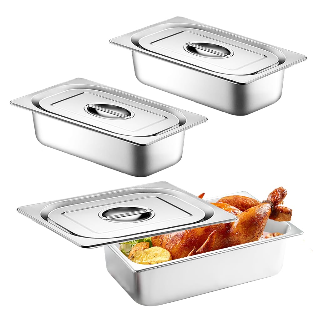 Lot de 3 Bac Inox Alimentaire Avec Couvercle, Bac Gastronorme, Boite Alimentaire Inox pour Buffet/Maintien au Chaud/Traiteur/Hôtel/Restaurant - 32,5 x 17,5 x 6,5 cm
