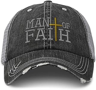 Speedy Pros Distressed Trucker Hat Man of Faith Embroidery Cotton for & Women Black Gray