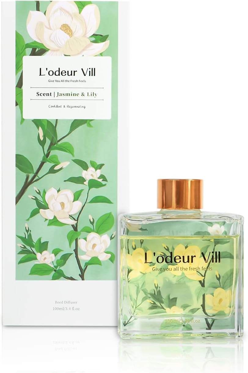 L'odeur Vill Reed Diffuser Set/Jasmine & Lily/3.38 fl.oz(100ML)/1 Pack with 6 Reed Sticks/Home Fragrance Diffuser, Oil Scent Diffuser for Bathroom Shelf Decor. - Image 2