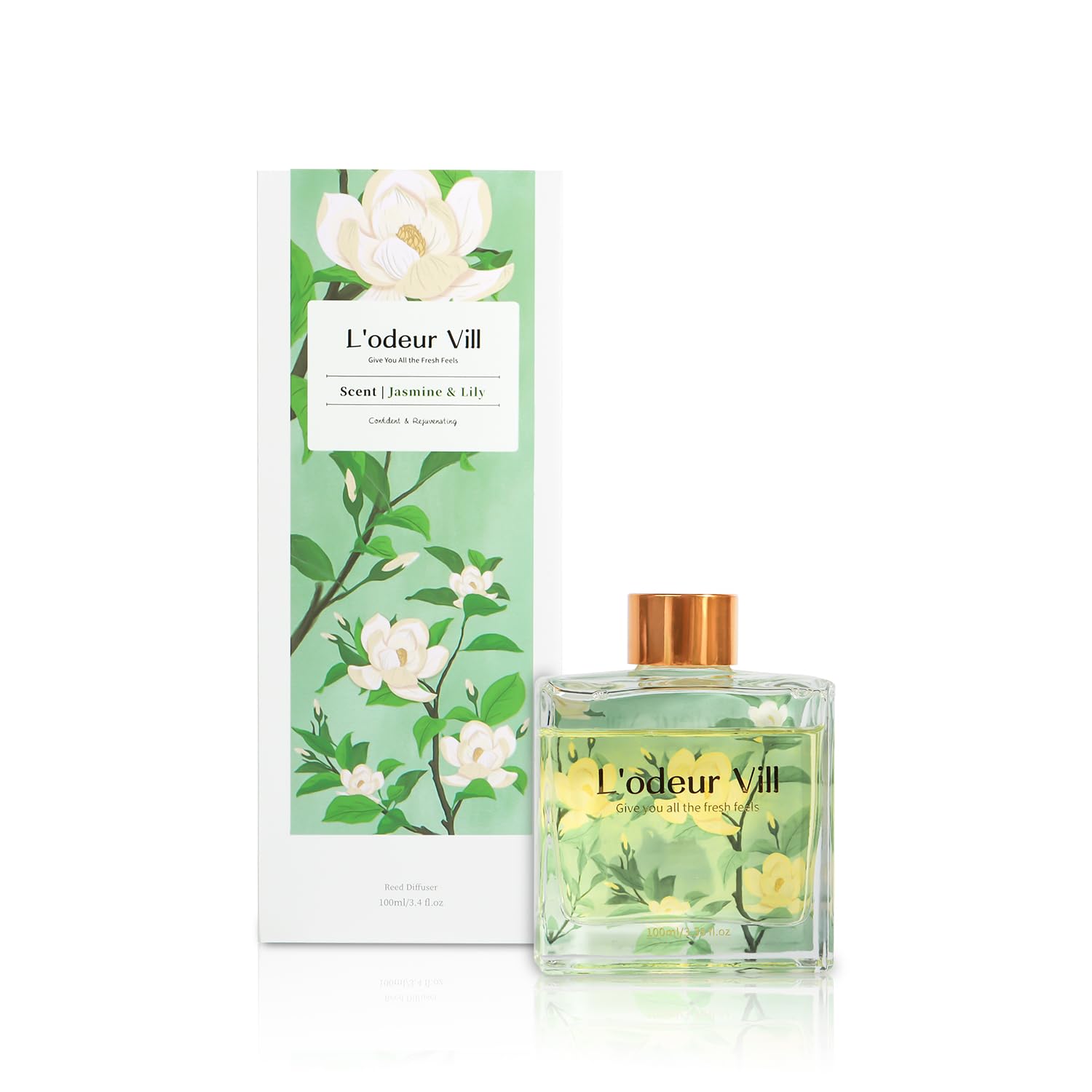 L'odeur Vill Profumatore per Ambienti,Gelsomino e giglio Profumatore per Ambienti con 6 Bastoncini di Fragranza, Diffusore di Fragranze per Bagno, Appartamento, Decorazione Della Casa, 100ml