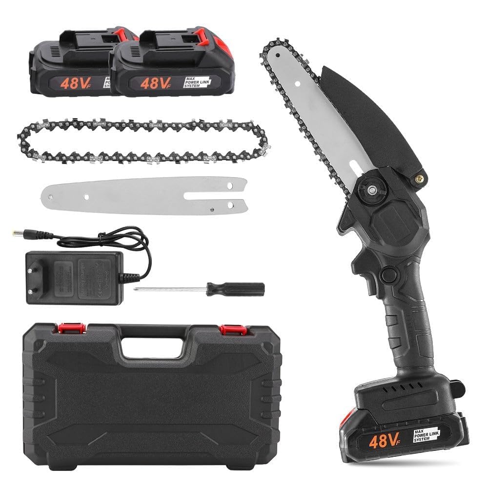 Portable Chain Saw for Tree Trimming Wood Cutting Yard Work Mini Chainsaw with Self-Protective Cover Cordless Electric Adaptive Chain Gear Quadruple Safety Protection 48V (Double Battery)-image-34