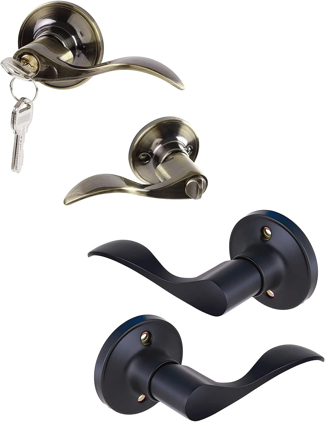 Ohuhu Keyed Door Knob Lever with Lock and Key+Dummy Door Knob, Closet Door Handle, 2 Pieces Door Lever