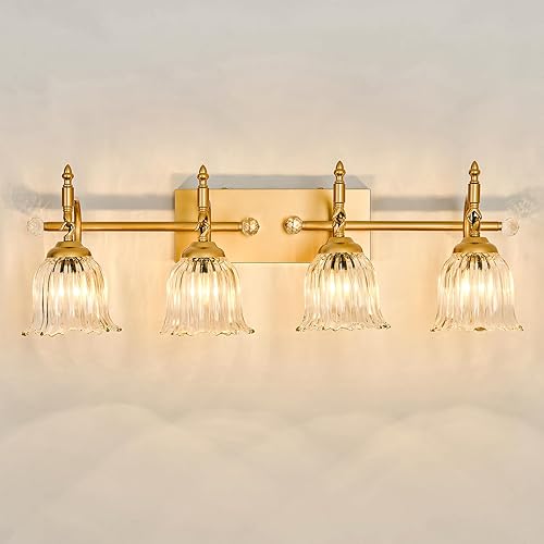 Miniatura 10 de CVKASH Lámparas de tocador de baño de 2 luces sobre el espejo, lámpara de tocador moderna de oro cepillado con pantalla de vidrio, aplique de pared