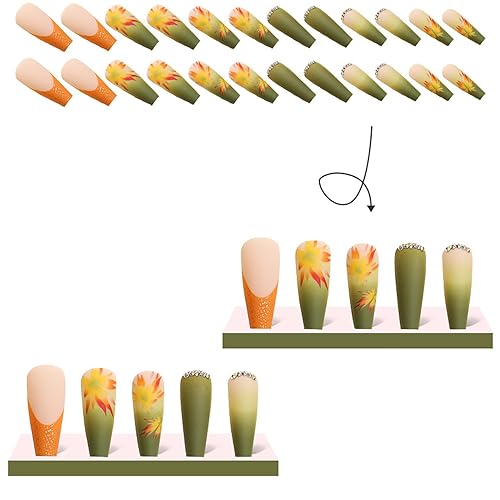 Miniatura 2 de 24 uñas postizas largas a presión para el día de Acción de Gracias, uñas postizas acrílicas francesas con diamantes de imitación, diseño de hojas de