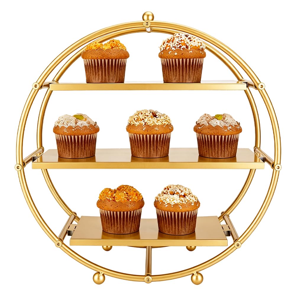 AHANDMAKER Soporte redondo para cupcakes de 3 niveles, 42 cm de alto, dorado mate, contemporáneo, para aperitivos, exhibición de aperitivos para banquetes de boda, fiesta, mesa, servir