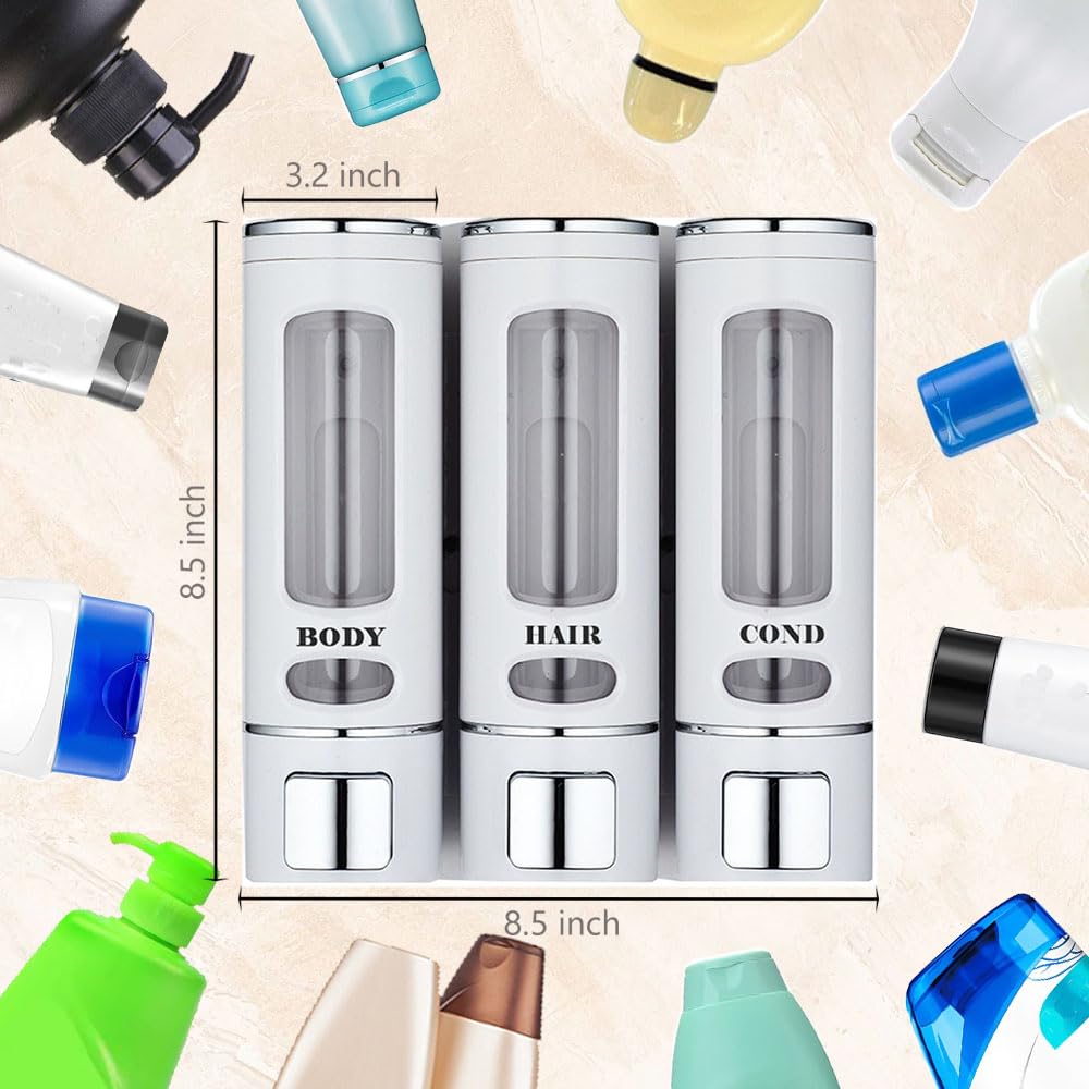 Dispenser di sapone da doccia 3 in 1, dispenser per shampoo e balsamo, moderno set di bottiglie da doccia per shampoo, balsamo, bagnoschiuma (bianco)