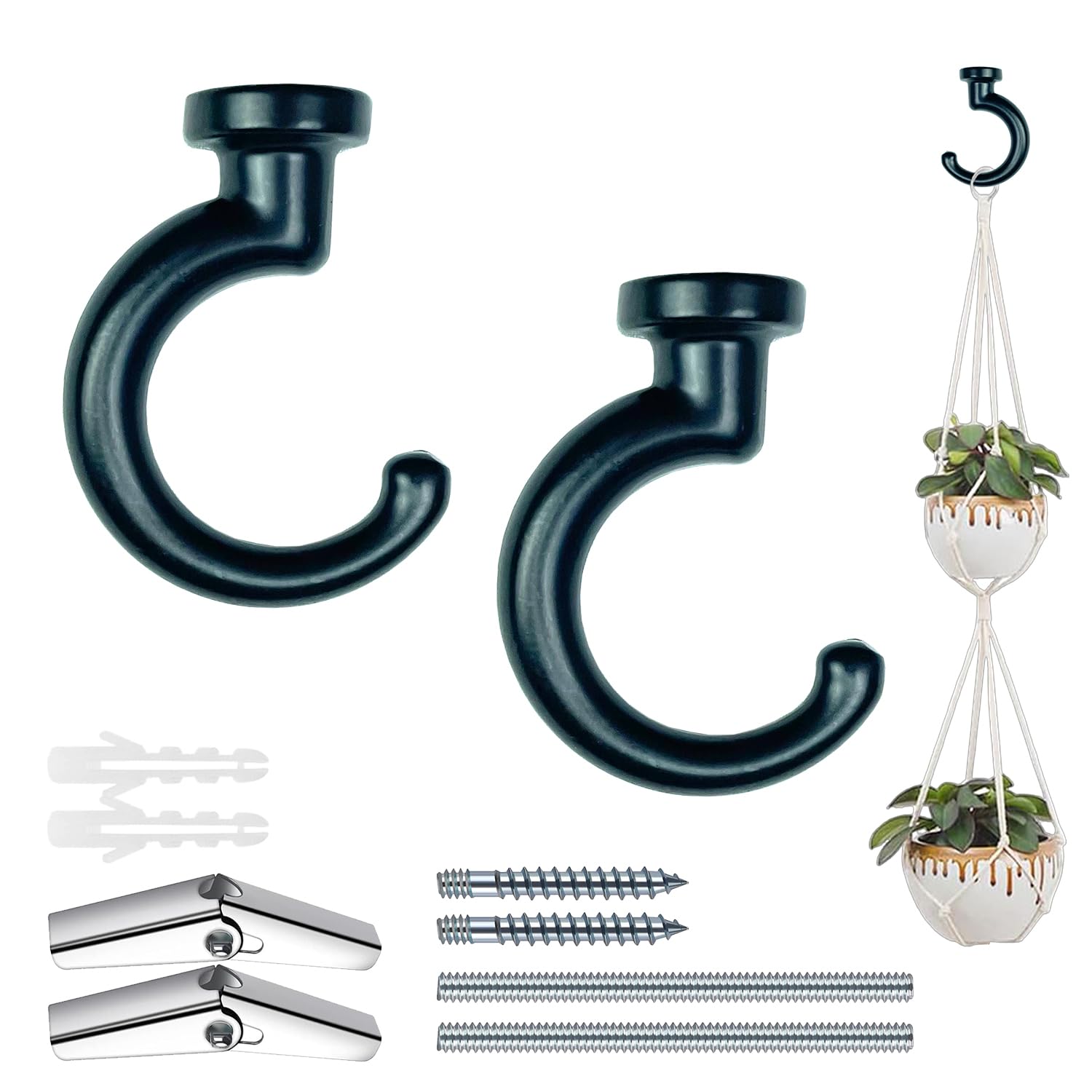 OBSTKUCHEN Large Swag Ceiling Hooks Heavy Duty Swag Hook with Hardware for Hanging Plants Ceiling Installation Cavity Wall Fixing (2, Black)