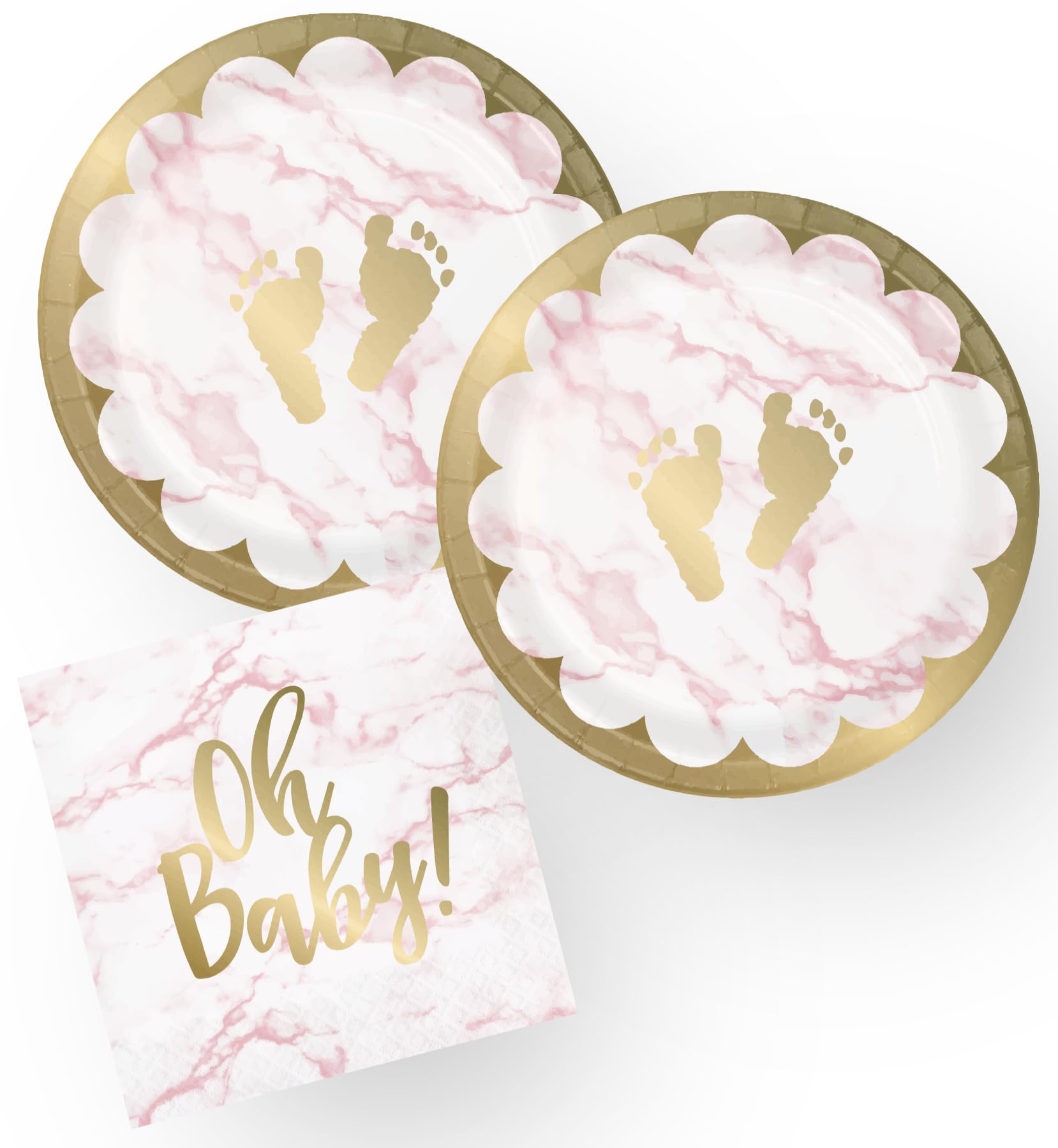 Assiettes papier doré et serviettes roses anti-corvée de vaisselle
