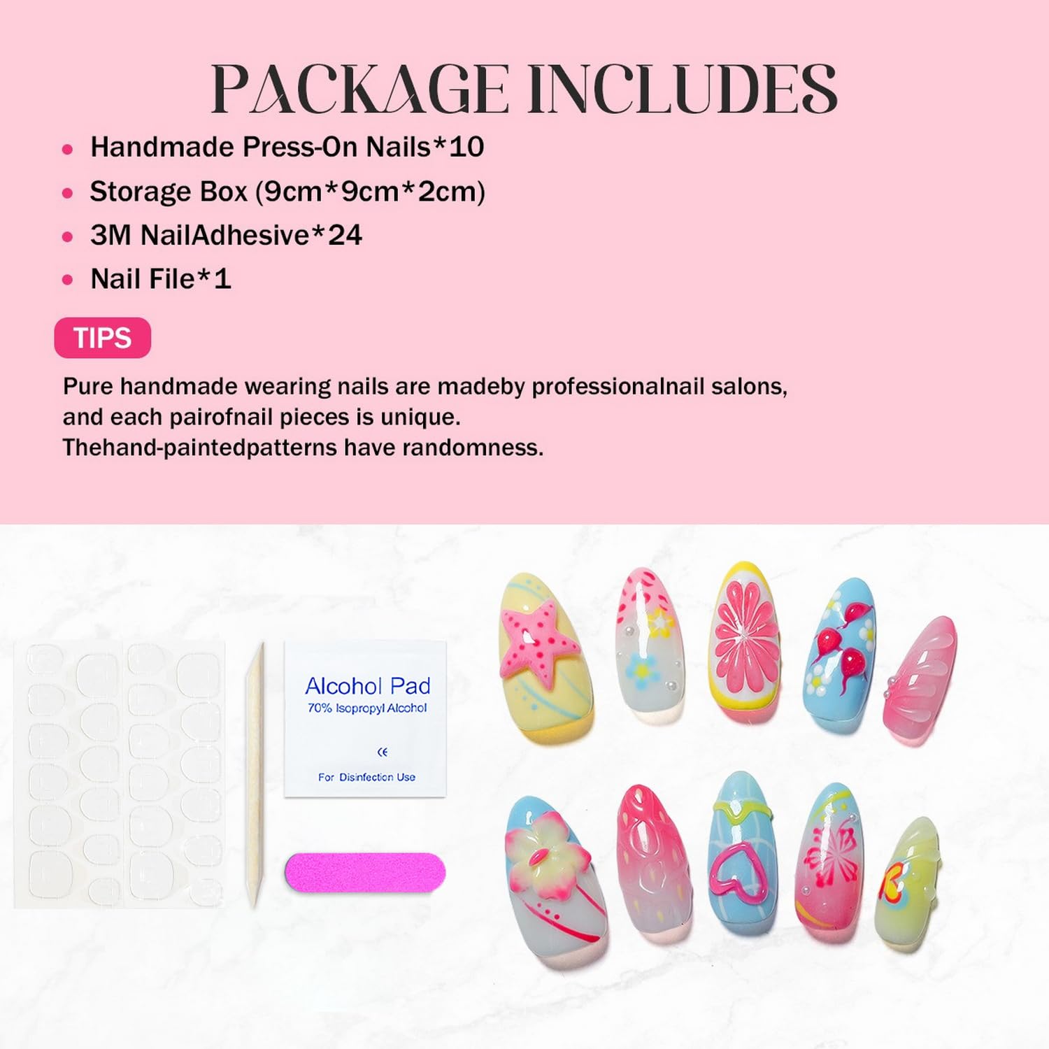 White French Tip Handmade Press on Nails Medium Square Fake Nails Muti-Layer Gel False Nails with 3D Flower Rhinestones Designs Thick Acrylic Nails Full Cover Stick on Nail for Women Nail DIY (Size M): M Colorful Almond M