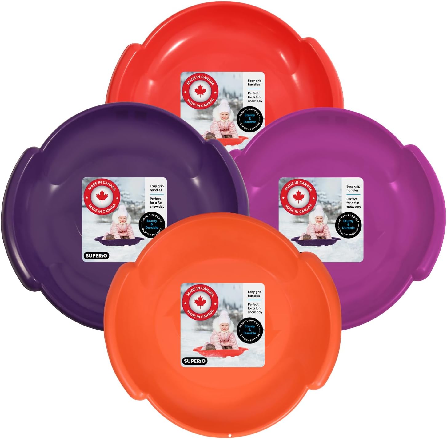 Superio Round Snow Saucer Sleds- 24” Plastic Disc Sleds for Kids and Adults- Heavy Duty Sled Discs with Handles for Downhill Sledding, Winter Outdoor Sports, (Red, Orange, Purple, Fucshia)