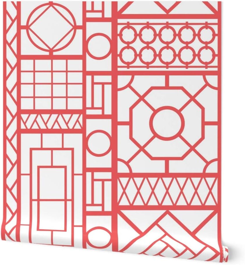 Removable Wallpaper 6ft x 2ft - Trellis Coral Geometric Bamboo Lattice Chinoiserie Palm Beach Custom Pre-Pasted Wallpaper by Spoonflower