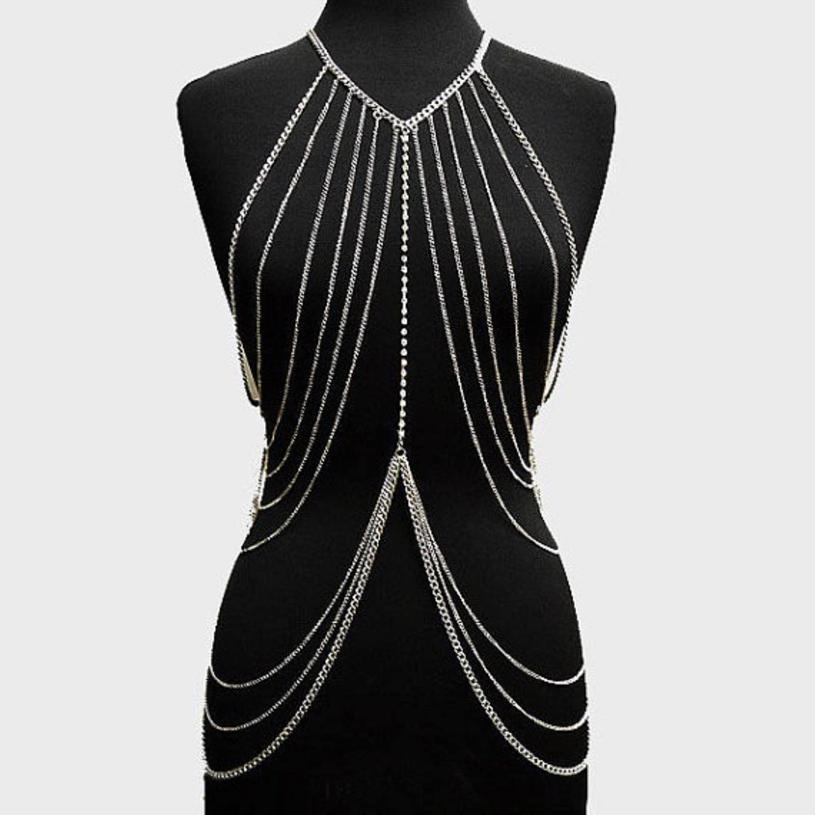 RWRAPS Mehrschichtiger Ganzkörper-Kettengeschirr für Frauen, glänzend, sexy Bauch-Accessoires, Goldfarbe, Damen-Mode-Taillenschmuck (Gold)