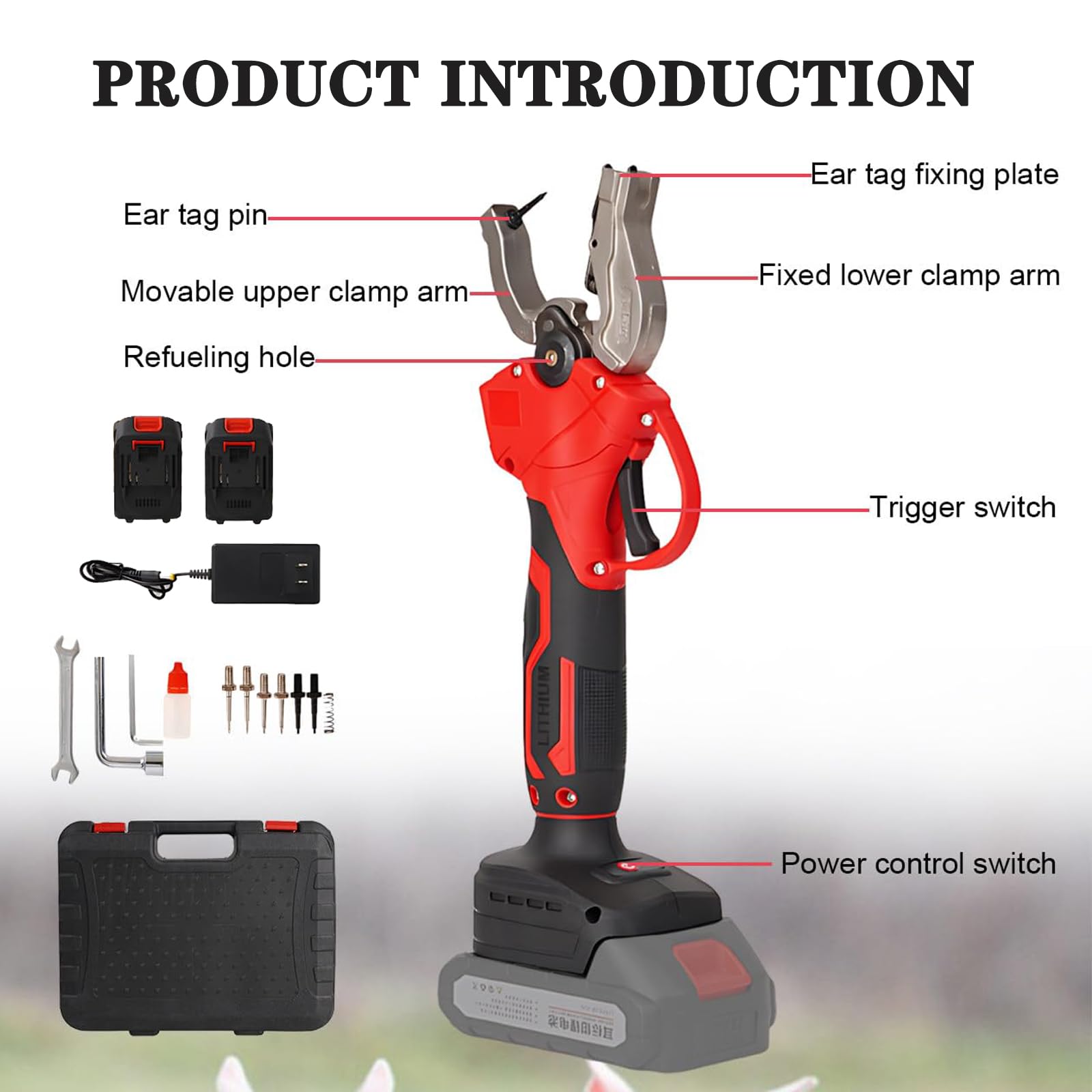 Applicatore per marchi auricolari elettrico cordless per bestiame, marchiatore per orecchie in acciaio inox e plastica per bovini, maiali e pecore, include aghi di ricambio