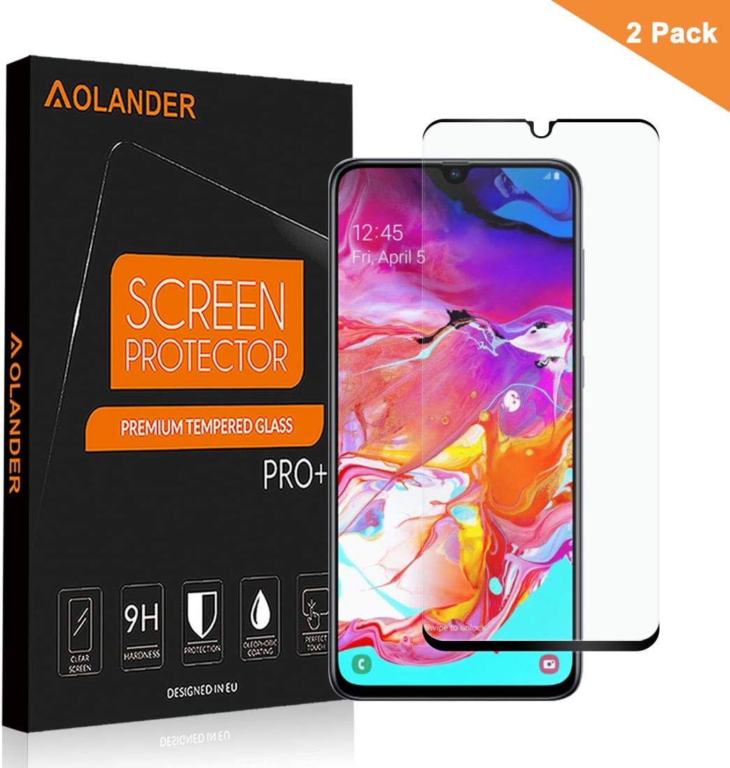 AOLANDER Samsung Galaxy A70 Screen Protector, HD Full Coverage Premium Tempered Glass Film with 9H Hardness, Edge to Edge Protection [Bubble-Free] for Galaxy A70【2 PACK/BLACK】