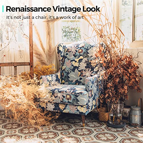 Linsy Florri Accent Chiar With Ottoman, Jacquard Fabric Armchair, Renaissance Vintage Retro Look, Handmade Exquisite Workmanship Reading Chair For Living Room, Bedroom, Floral Pattern #TOP2
