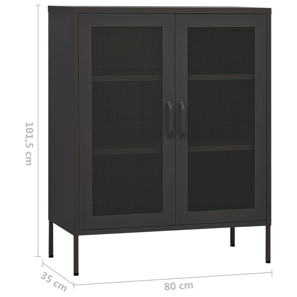 Stalowa szafka magazynowa, antracytowa, 80 x 35 x 101,5 cm, z 2 drzwiami z kratkami i półkami, nóżki z regulacją wysokości, wytrzymały kredens na książki i czasopisma
