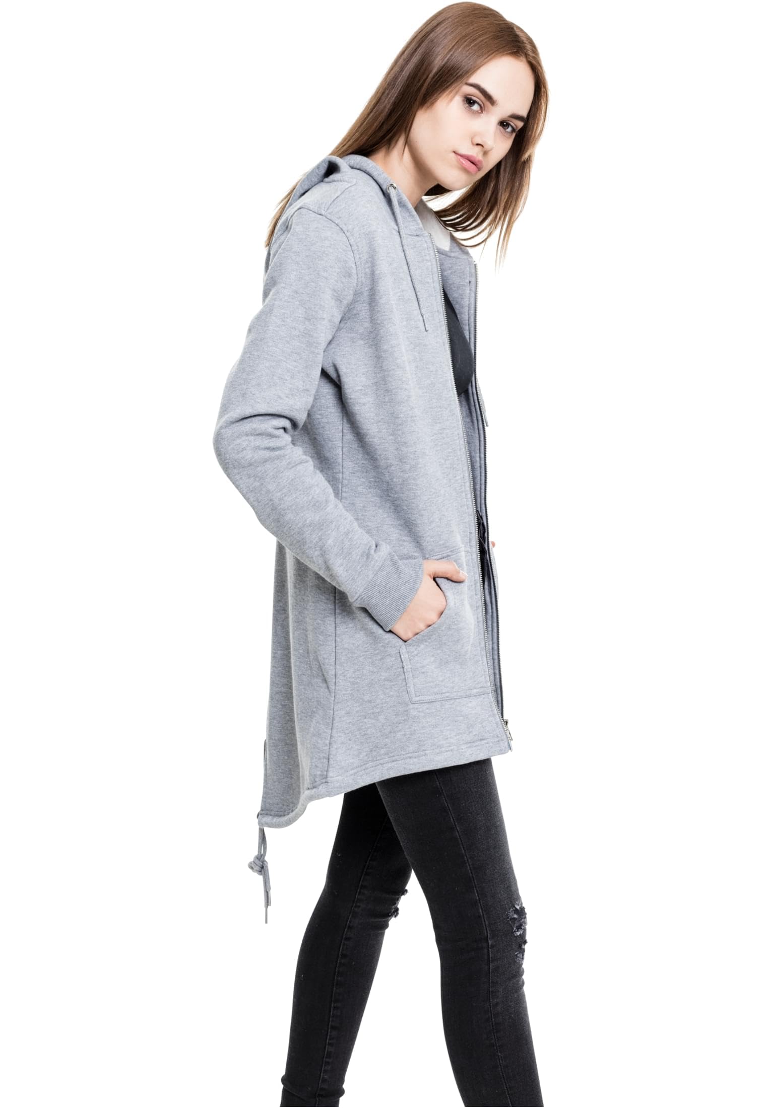 Urban Classics Parka Mujer Felpa Mujer Capucha con Cremallera Negro Rippbündchen Regular
