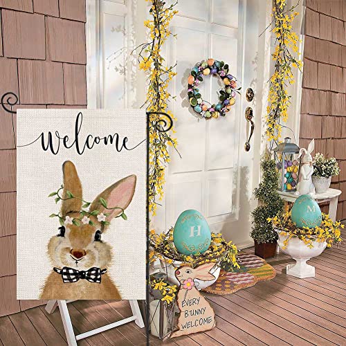 Welcome Easter Bunny Garden Flag For Outdoor 12X18 Double Sided,Funny Rabbit With Bow Tie Small Yard Flag,Seasonal Decors For Spring Farmhouse Holiday Outside #TOP1