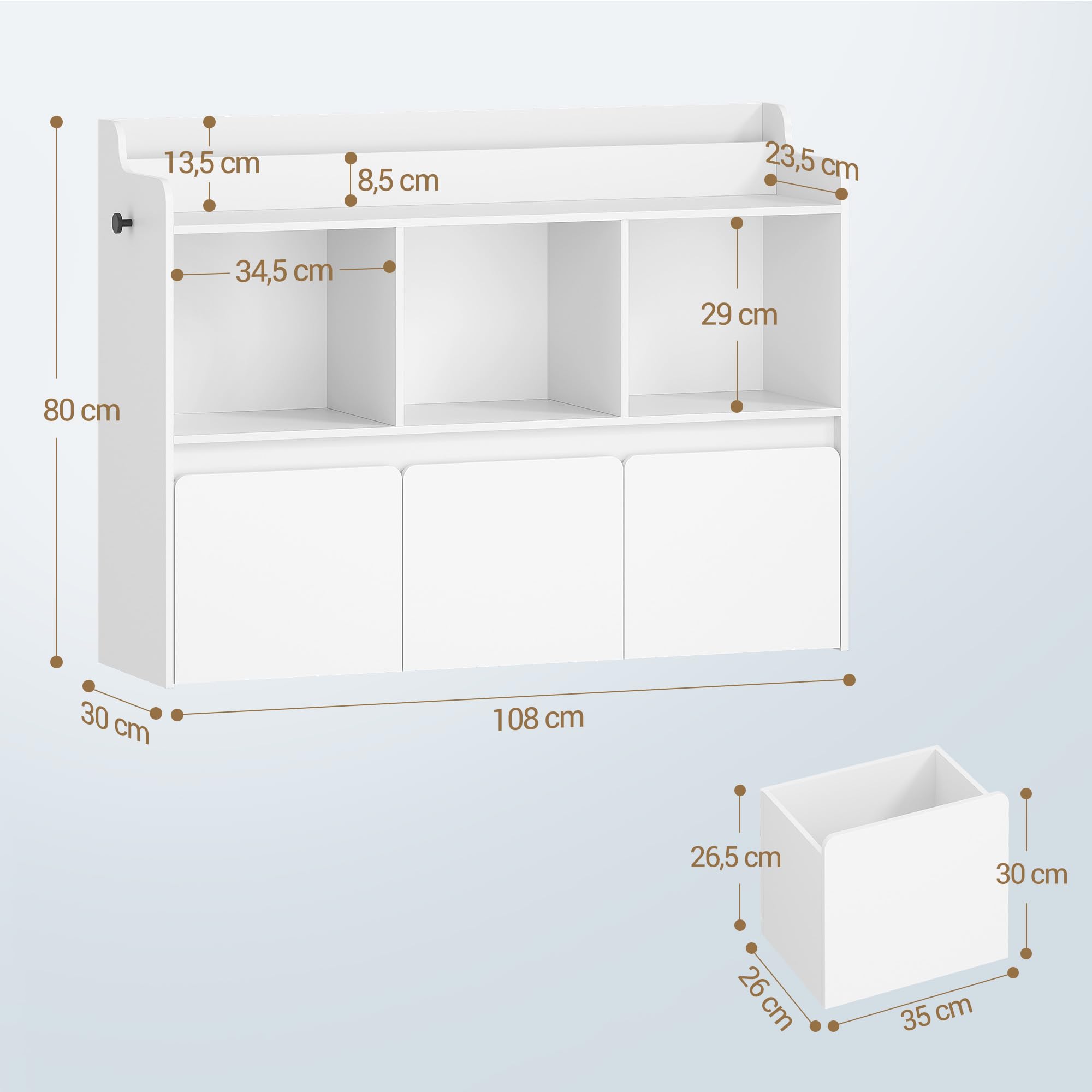 Hzuaneri Libreria per bambini con portariviste, mobile contenitore con 3 vani aperti e 3 scatole portaoggetti su ruote, camera bimbi, soggiorno, studio, 30×108×80 cm, bianco KB26003X