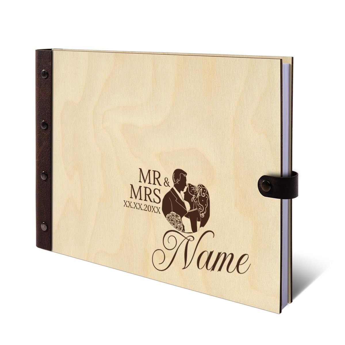 Personalisiertes Hochzeit Gästebuch echtes Holz DIN A4 Hochzeitsbuch mit Lasergravur - Mr und Mrs - mit 72 Blatt / 144 Seiten Naturpapier Weiß