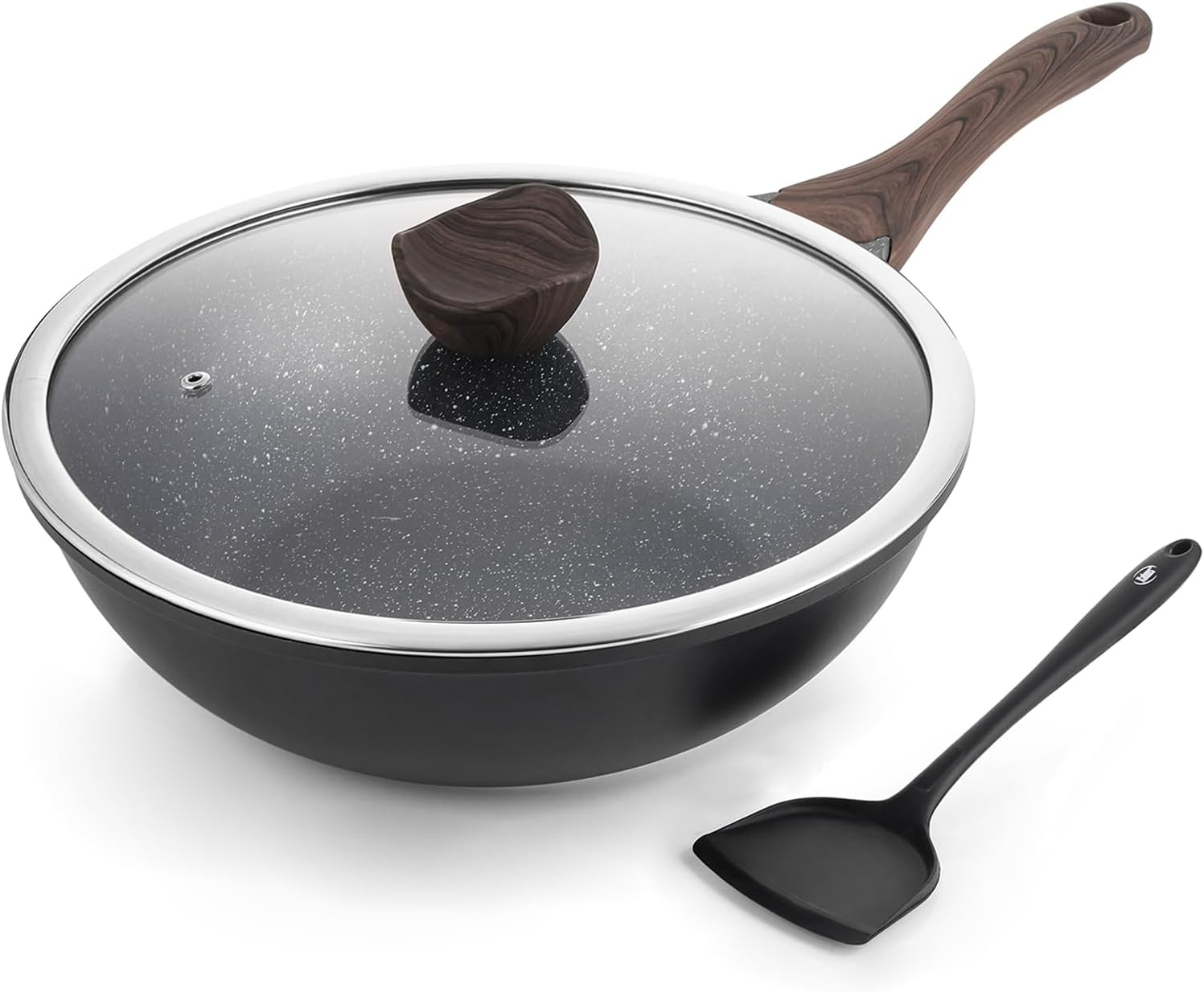 Eleulife Carbon Steel Wok, 13 Inch Wok Pan with Lid and Spatula, Nonstick Woks and