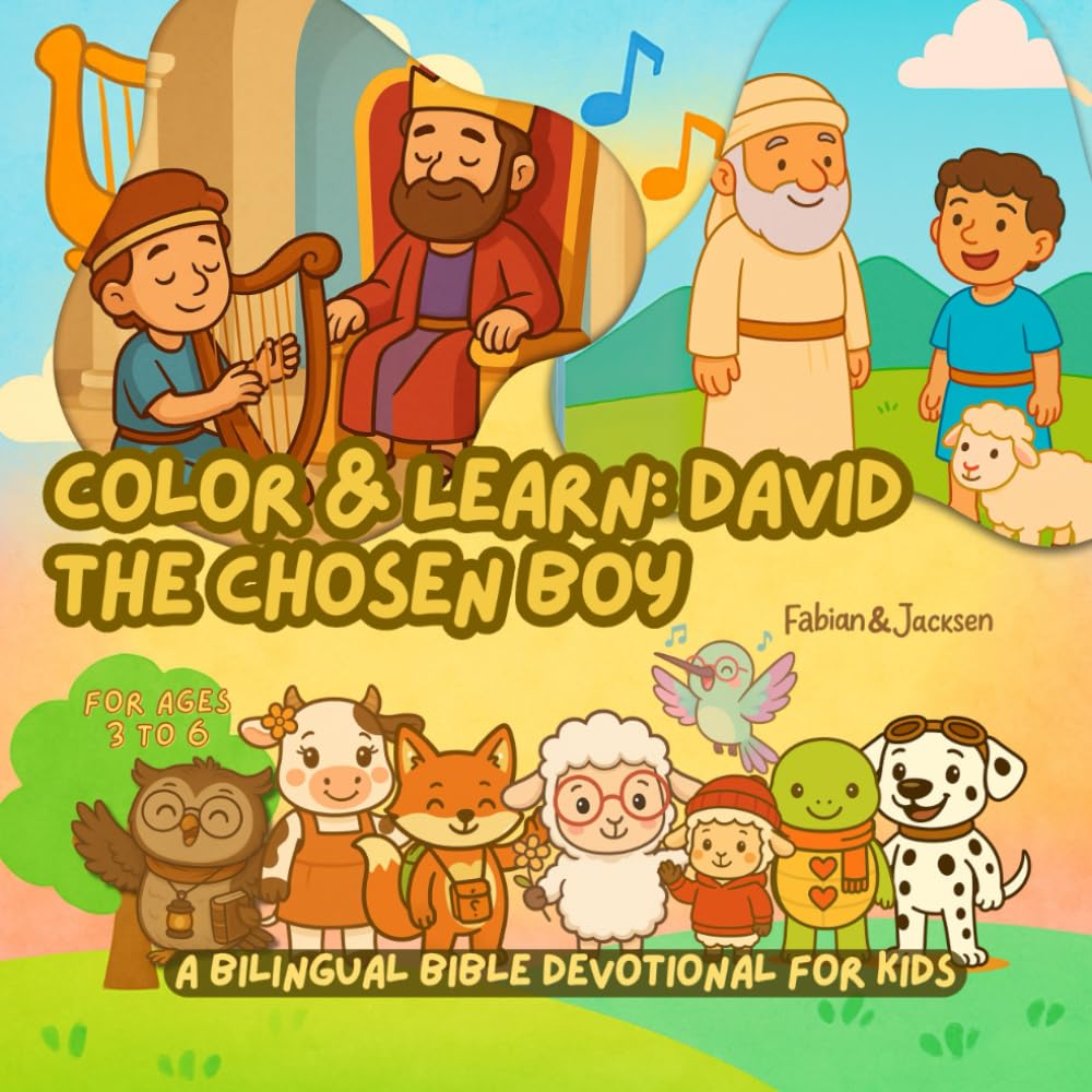 David, The Chosen Boy – Bilingual Bible Story, Coloring, Songs & Devotional Book for Kids | Devocional cristiano bilingüe con ilustraciones, canciones y versículos bíblicos para niños.