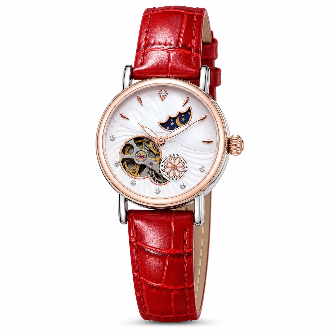 Montre mécanique automatique pour femme en acier inoxydable avec cadran à phases de lune et bracelet en cuir étanche