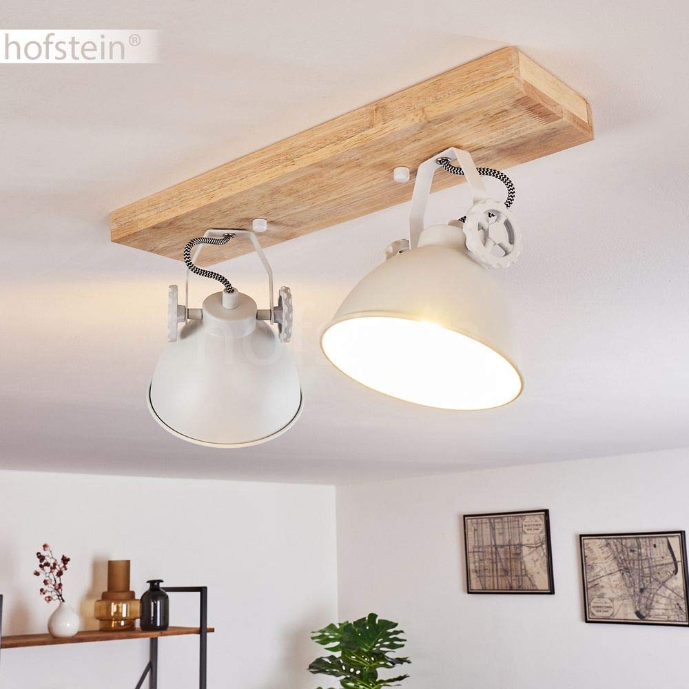 HOFSTEIN Deckenleuchte Svanfolk, verstellbare Deckenlampe aus Metall/Holz in Weiß/Natur, Leuchte im Industrial/Retro/Vintage-Design mit Holzbalken, 2 x E14, Wohnzimmer, Esszimmer, Schlafzimmer, Küche