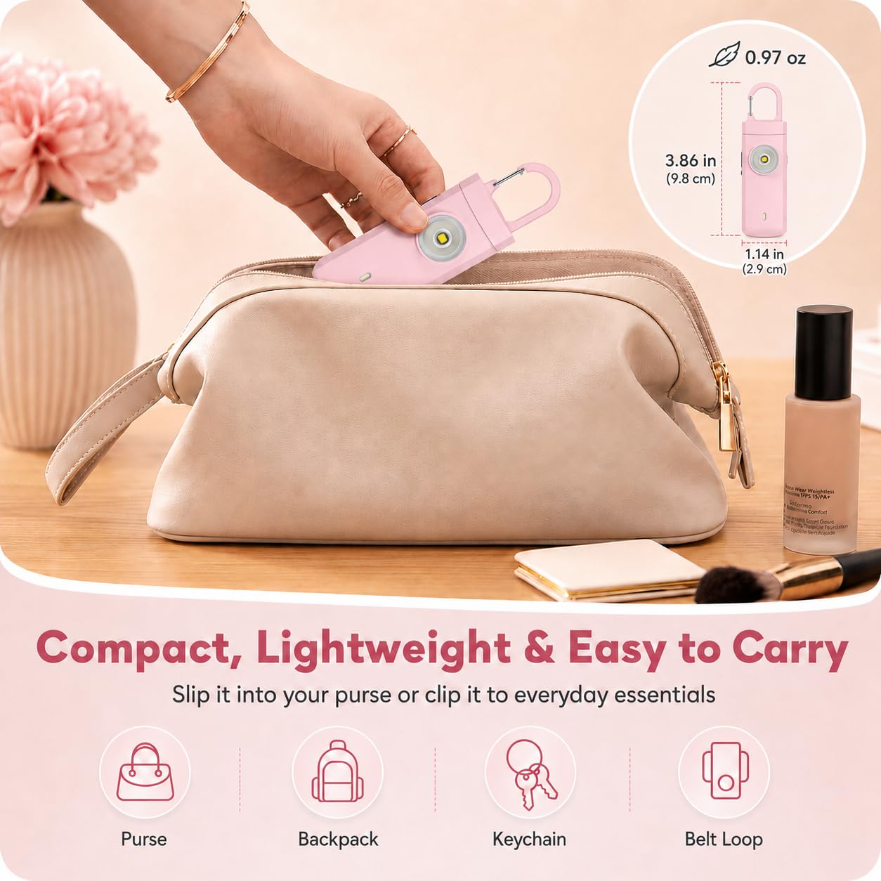 Alarmes personnelles rechargeables pour femme – Cadeaux de Noël et d'anniversaire pour femme, adolescente, fille, porte-clés de sécurité, sirène d'alarme, essentiels de voyage (rose)