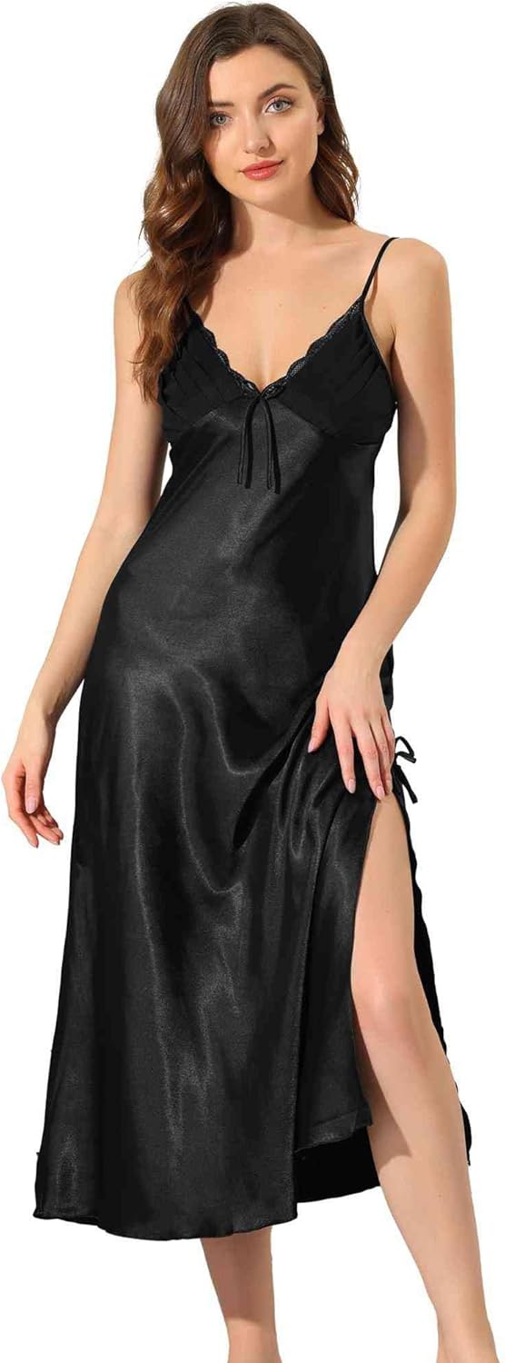 cheibear Women's Satin Pajama V Neck Nightdress Soft Midi Lounge Dress