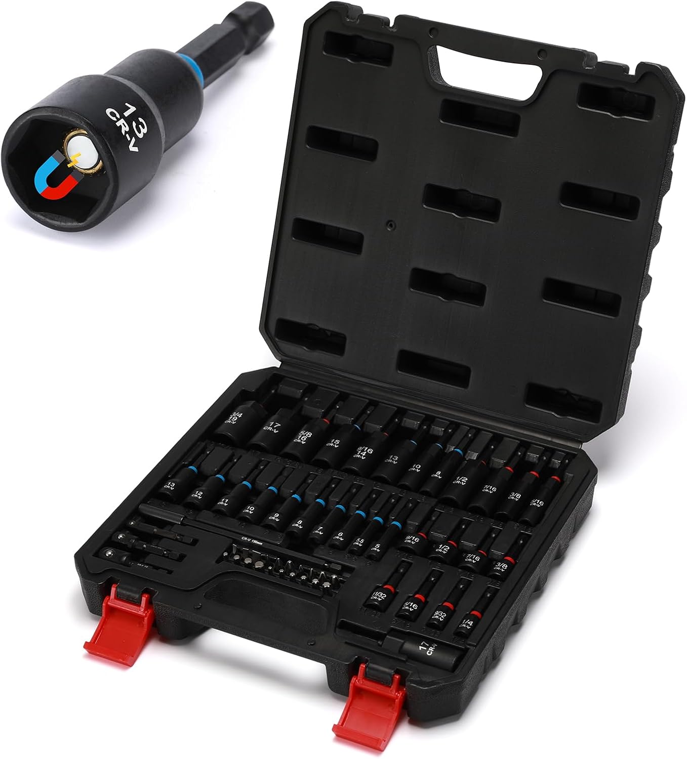 AIRTOON 55PCS Magnetic Nut Driver Set, Metric & SAE Magnetic Impact Drill Driver Bit, Deep Nut Driver Set, Wing Nut Driver, 1/4" Quick Change, Heavy Duty Socket Adapters & Bit Extensions, Storage Box