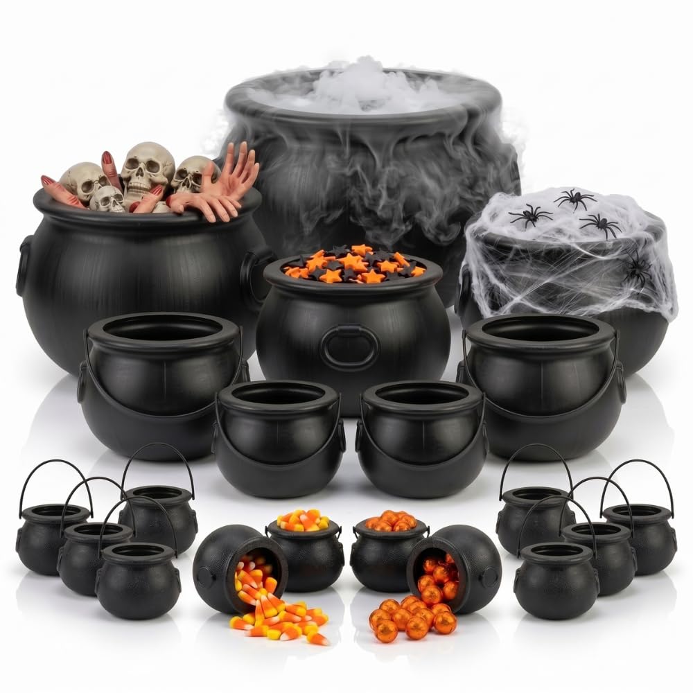 PMU 20pc Large Halloween Cauldron - 18,16,12,10,(2) 8,(2) 6 and (12) 3in Big Witch Plastic Cauldron bowl Black, For Halloween Decor