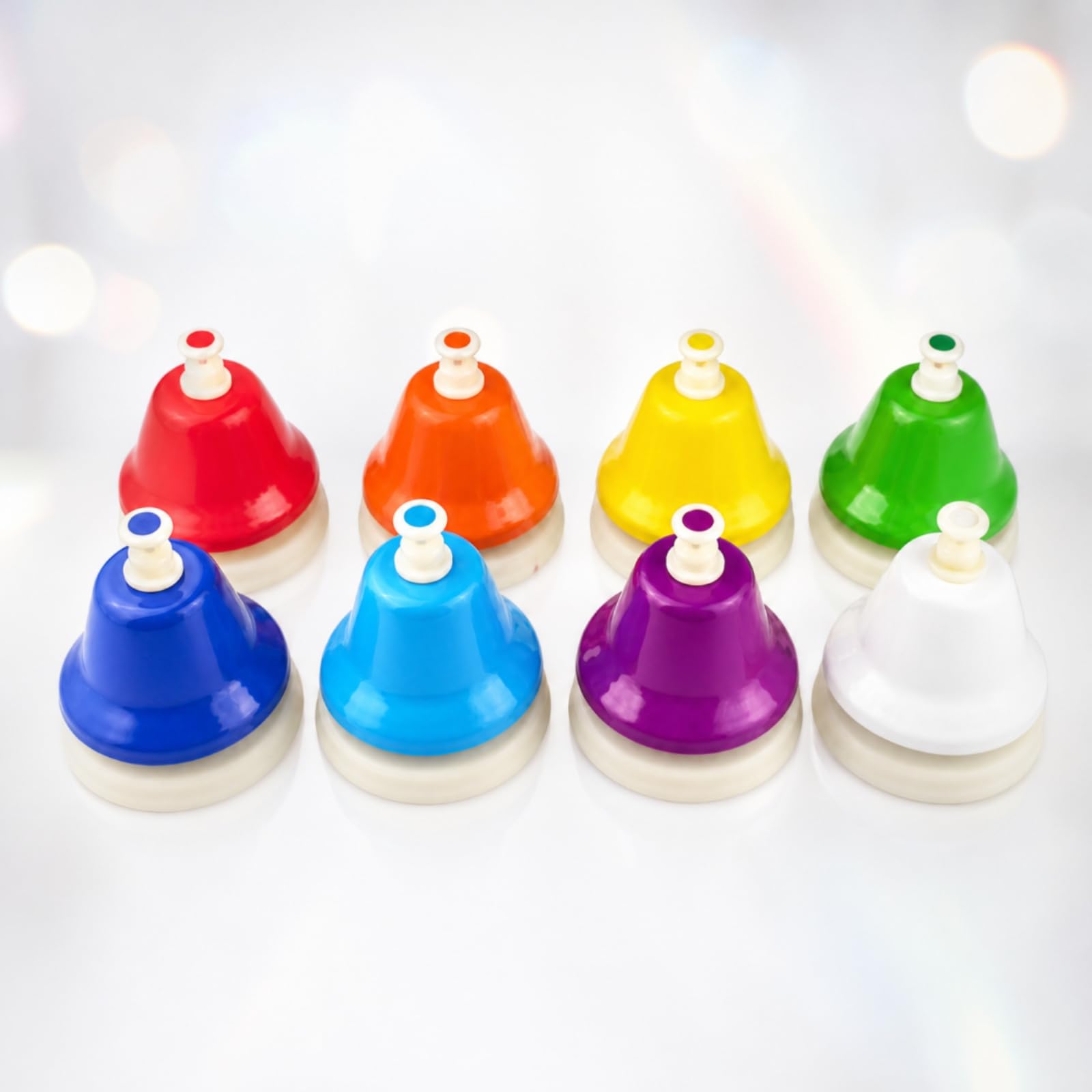 8 Pezzi Campanello Musicale con Pulsante Colorato Campana a Mano con Base Bianca Risonante per Aula Scolastica