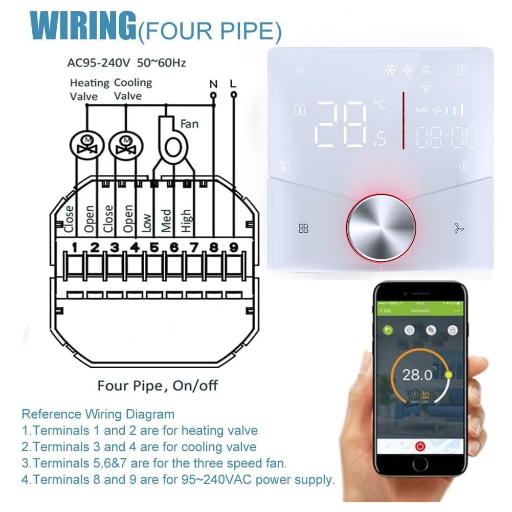 Termostato Inteligente WiFi 4 Tubos para Aire Acondicionado Fan Coil con Conexión WiFi para Soporte de Voz Inteligente Termostato Controlador (4 Tubos)