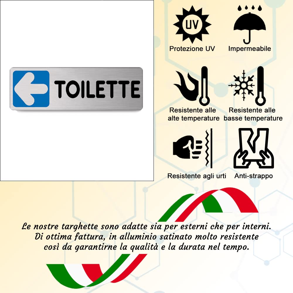 Targa toilette verso sinistra in Alluminio Satinato 150mm x 50mm -Targhette Autoadesive|Stickers, Klebeetikett| Impermeabili Lavabili, pub, bar