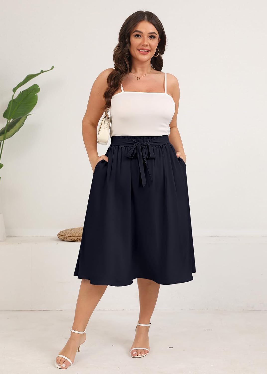 Xpenyo Womens Plus Size Midi Skirts Summer Elastic High Waisted Boho Casual Beach Flowy Swing Knee Length Skirts with Pockets - Image 3