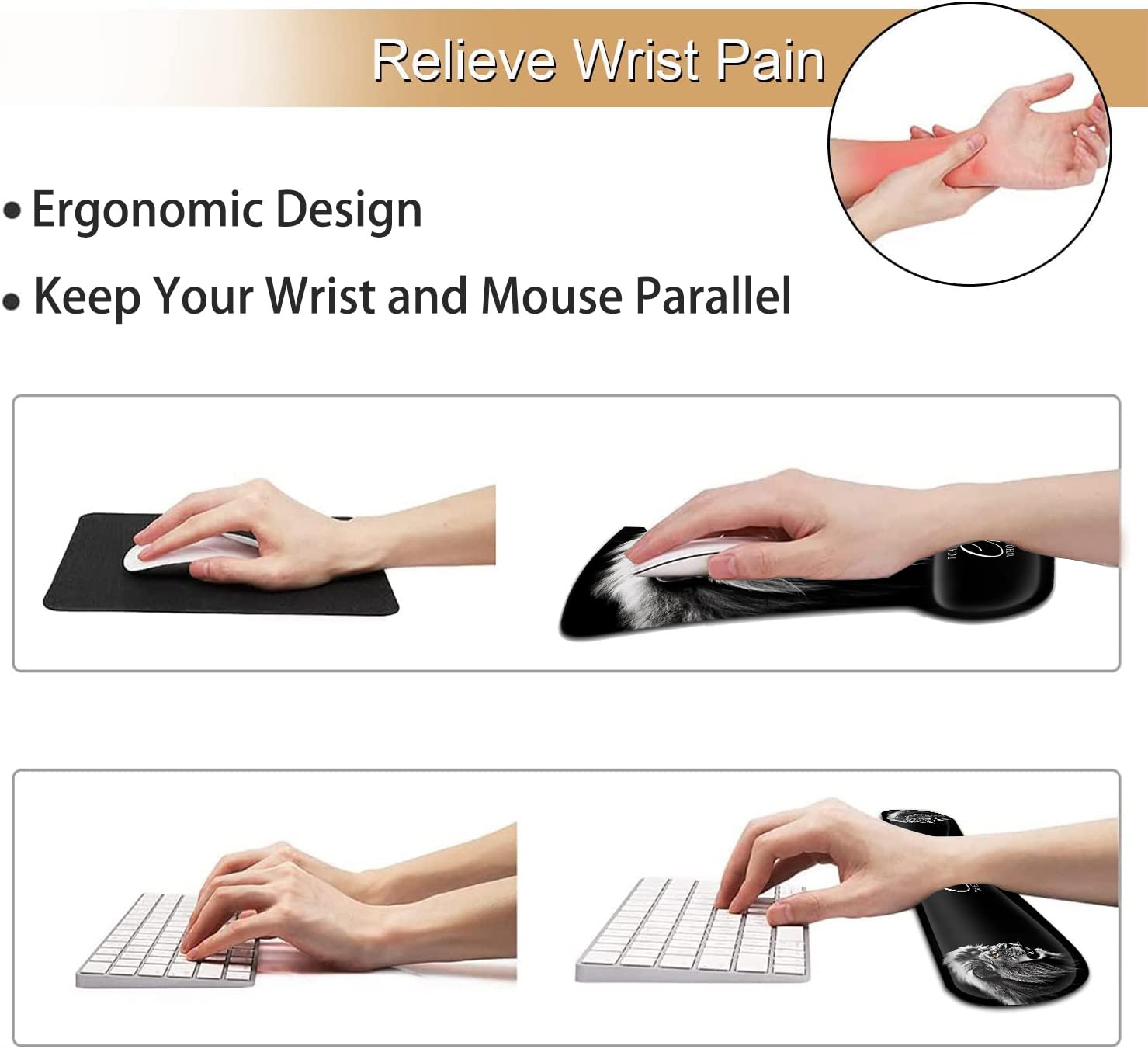 Tappetino per mouse nero con supporto ergonomico per il polso e poggiapolsi in memory foam, base antiscivolo in gel PU, poggiapolsi per tastiera, per casa, ufficio, gaming, scrivania, fierce Lion