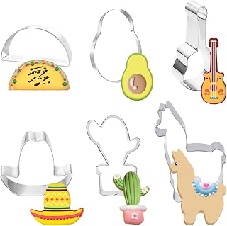 Hying 6 Pcs Fiesta Cookie Cutters Set for Baking, Cinco de Mayo Cookie Cutters Stainless Steel Guitar Taco Sombrero Cake Biscuit Cutters Molds Sets for DIY Baking Mexican Fiesta Decorations