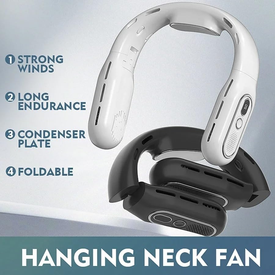 Two Waillynice T68 neck fans (white and black) highlighting strong winds, long endurance, condenser plate, and foldable design.