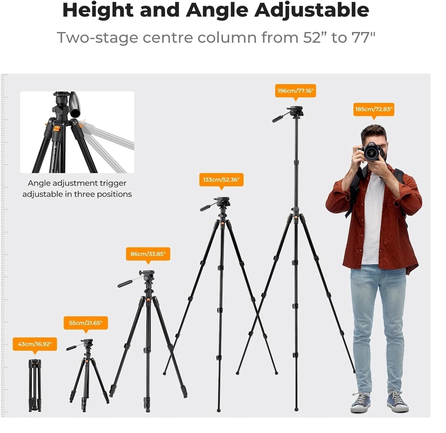 77 Inch 1.96m Lightweight Travel Tripod with 3 Way Pan Tilt Head and Phone Holder Supports 3kg