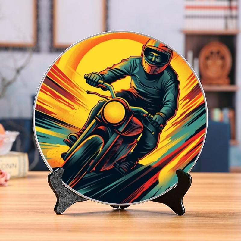 Motorcycle Race 10-inch Ceramic Plate for Wall Display or Tabletop, with Stand & Hook DP-68220046